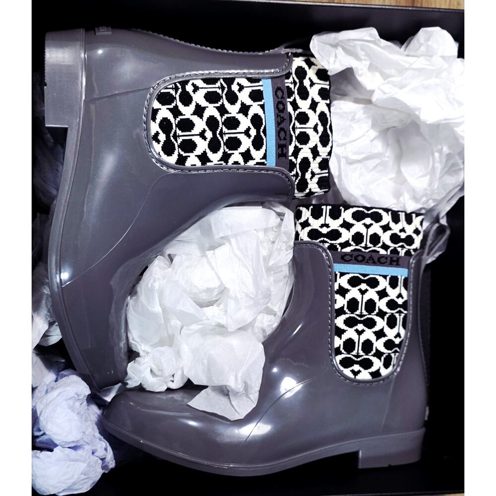 COACH Rivington Women’s 8 Rain Boots Heather Grey Signature Knit Logo Boots NEW - Picture 2 of 10